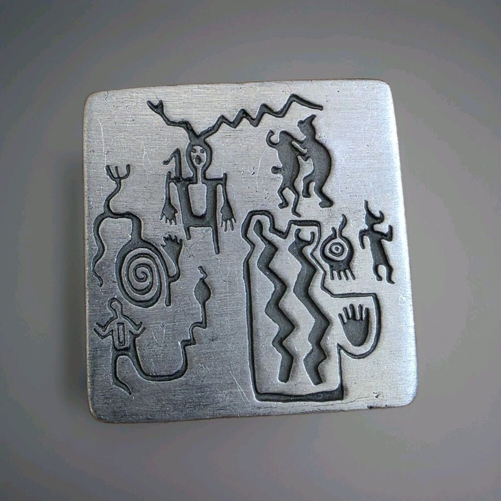 Alice Seely Urban Fetishes Brooch Pin Tribal Petroglyph Silver Tone 1998 Vintage